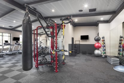 24-hour fitness center with a punching bag, stability balls, and strength training machines