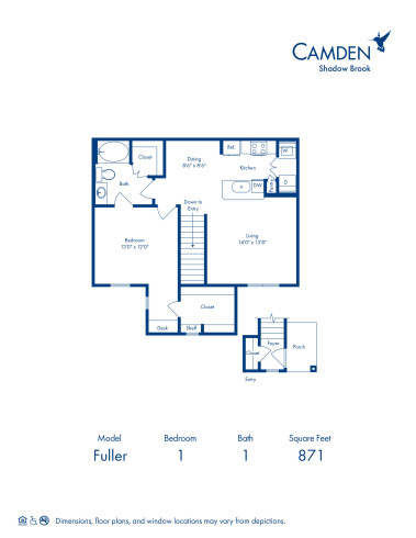 Blueprint of Fuller Floor Plan, 1 Bedroom and 1 Bathroom at Camden Shadow Brook Apartments in Austin, TX