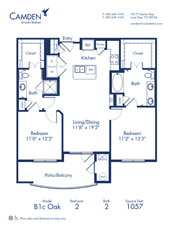 Blueprint of Oak Floor Plan, 2 Bedrooms and 2 Bathrooms at Camden Lincoln Station Apartments in Lone Tree, CO
