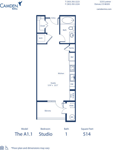 Camden Rino apartments in Denver studio floor plan diagram, The A1.1