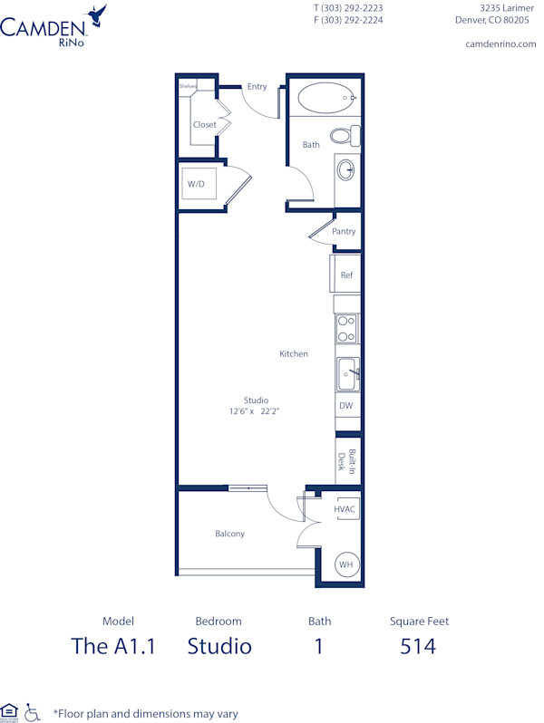 Camden Rino apartments in Denver studio floor plan diagram, The A1.1