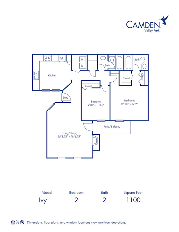 Blueprint of I Floor Plan, 2 Bedrooms and 2 Bathrooms at Camden Valley Park Apartments in Irving, TX