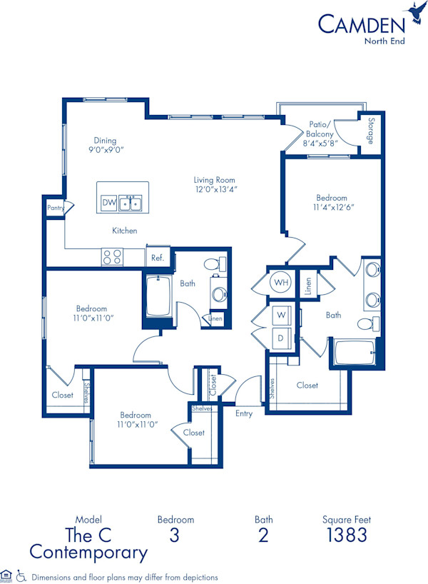 Blueprint of The C Floor Plan, Apartment Home with 3 Bedrooms and 2 Bathrooms at Camden North End in Phoenix, AZ