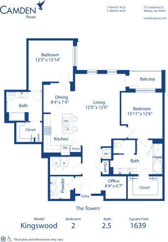 Blueprint of Kingswood Floor Plan, 2 Bedrooms and 2.5 Bathrooms at Camden Paces Apartments in Atlanta, GA