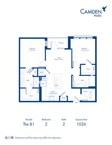 The B1 floor plan, 2 bed, 2 bath at Camden NoDa Apartments in Charlotte, NC