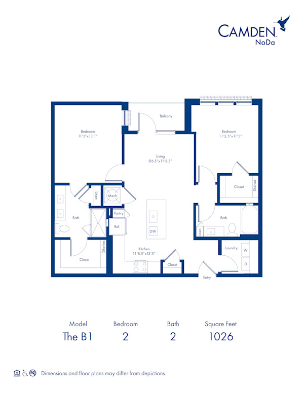 The B1 floor plan, 2 bed, 2 bath at Camden NoDa Apartments in Charlotte, NC
