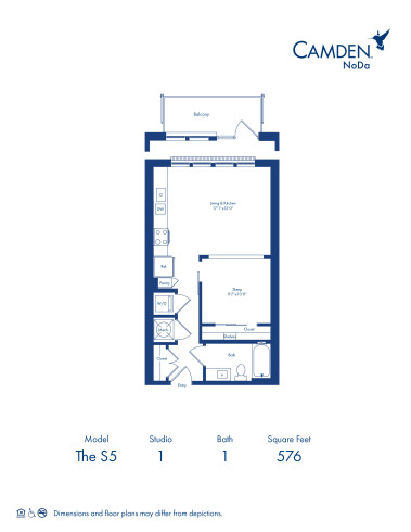 The S5 floor plan, studio with 1 bath at Camden NoDa Apartments in Charlotte, NC