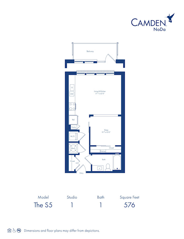 The S5 floor plan, studio with 1 bath at Camden NoDa Apartments in Charlotte, NC