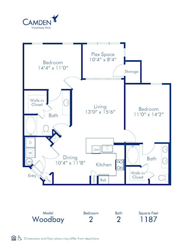 Blueprint of Woodbay Floor Plan, 2 Bedrooms and 2 Bathrooms at Camden Westchase Park Apartments in Tampa, FL