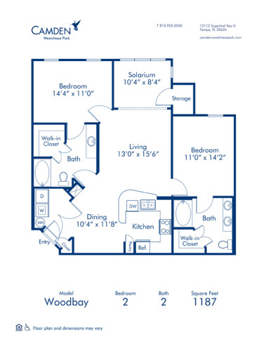 Blueprint of Woodbay Floor Plan, 2 Bedrooms and 2 Bathrooms at Camden Westchase Park Apartments in Tampa, FL