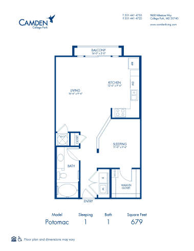 Blueprint of Potomac Floor Plan, Apartment Home with 1 Bedroom and 1 Bathroom at Camden College Park in College Park, MD