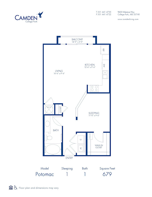 Blueprint of Potomac Floor Plan, Apartment Home with 1 Bedroom and 1 Bathroom at Camden College Park in College Park, MD