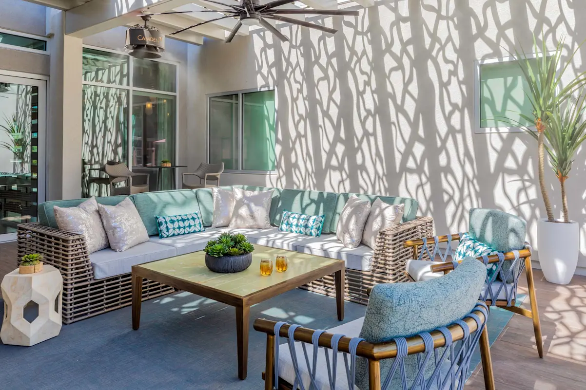 Covered outdoor lounge at Camden North End.
