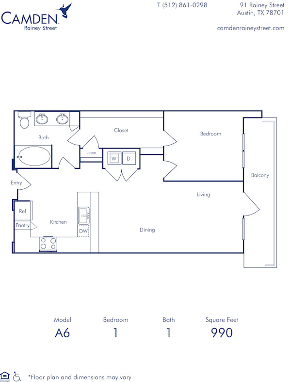 Camden Rainey Street apartments in Austin, TX one bedroom floor plan A6