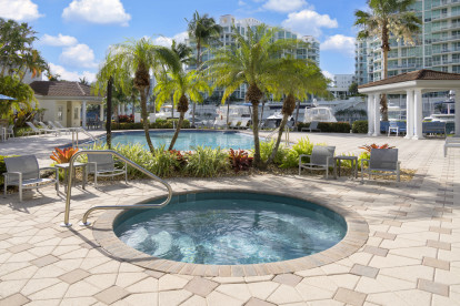 Poolside hot tub at Camden Aventura apartments in Aventura, Florida.