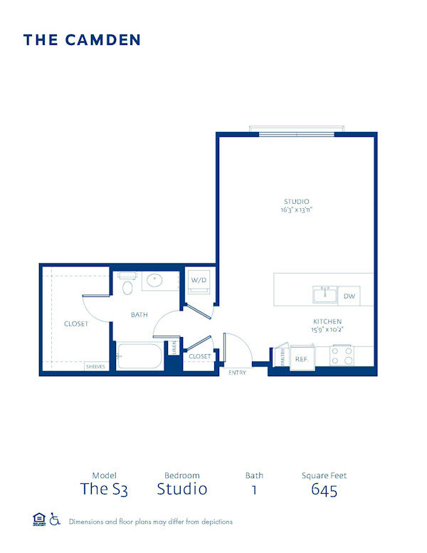 Blueprint of S3 Floor Plan, Studio with 1 Bathroom at The Camden Apartments in Hollywood, CA
