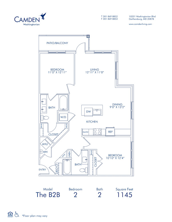 Blueprint of The B2B, 2 Bedroom 2 Bathroom Floor Plan at Camden Washingtonian in Gaithersburg, MD