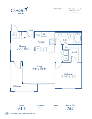 Blueprint of A1.3 Floor Plan, 1 Bedroom and 1 Bathroom at Camden Landmark Apartments in Ontario, CA