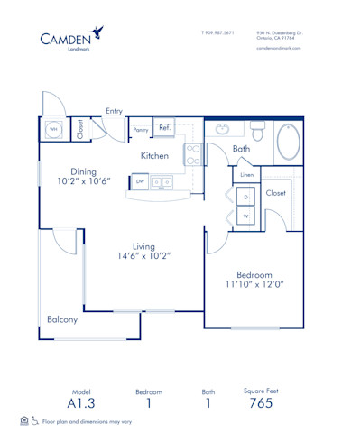 Blueprint of A1.3 Floor Plan, 1 Bedroom and 1 Bathroom at Camden Landmark Apartments in Ontario, CA