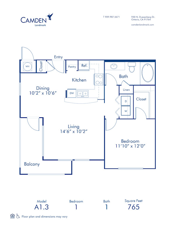 Blueprint of A1.3 Floor Plan, 1 Bedroom and 1 Bathroom at Camden Landmark Apartments in Ontario, CA