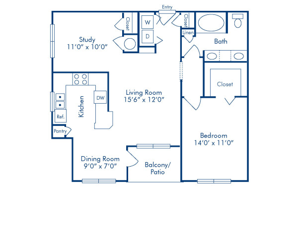 Blueprint of C Floor Plan, 1 Bedroom and 1 Bathroom at Camden Huntingdon Apartments in Austin, TX