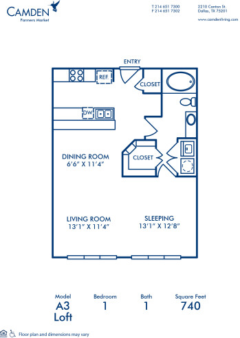 Blueprint of A3 - Loft Floor Plan, 1 Bedroom and 1 Bathroom at Camden Farmers Market Apartments in Dallas, TX