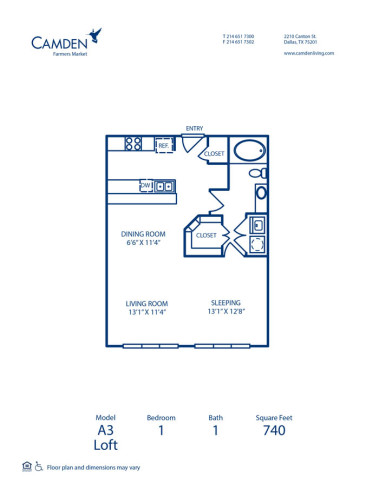 Blueprint of A3 - Loft Floor Plan, 1 Bedroom and 1 Bathroom at Camden Farmers Market Apartments in Dallas, TX