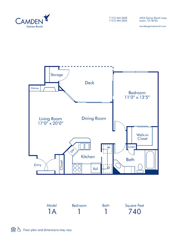 Blueprint of 1A Floor Plan, 1 Bedroom and 1 Bathroom at Camden Gaines Ranch Apartments in Austin, TX
