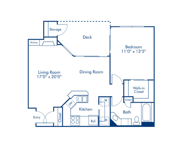 Blueprint of 1A Floor Plan, 1 Bedroom and 1 Bathroom at Camden Gaines Ranch Apartments in Austin, TX