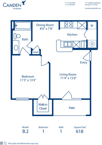 Blueprint of B.2 Floor Plan, 1 Bedroom and 1 Bathroom at Camden Vanderbilt Apartments in Houston, TX