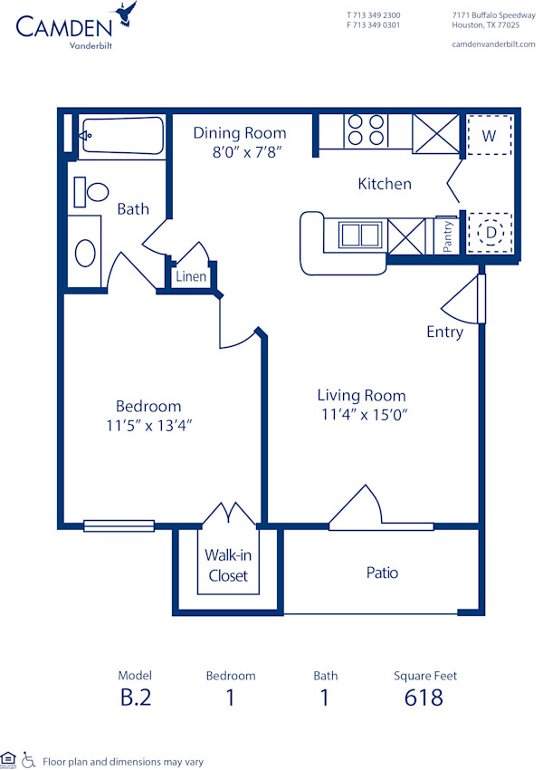 Blueprint of B.2 Floor Plan, 1 Bedroom and 1 Bathroom at Camden Vanderbilt Apartments in Houston, TX