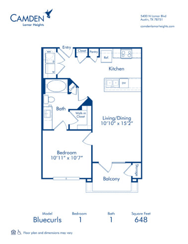 Blueprint of Bluecurls Floor Plan, 1 Bedroom and 1 Bathroom at Camden Lamar Heights Apartments in Austin, TX