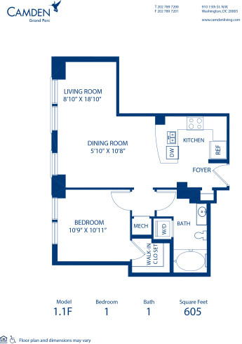 Blueprint of 1.1F Floor Plan, 1 Bedroom and 1 Bathroom at Camden Grand Parc Apartments in Washington, DC