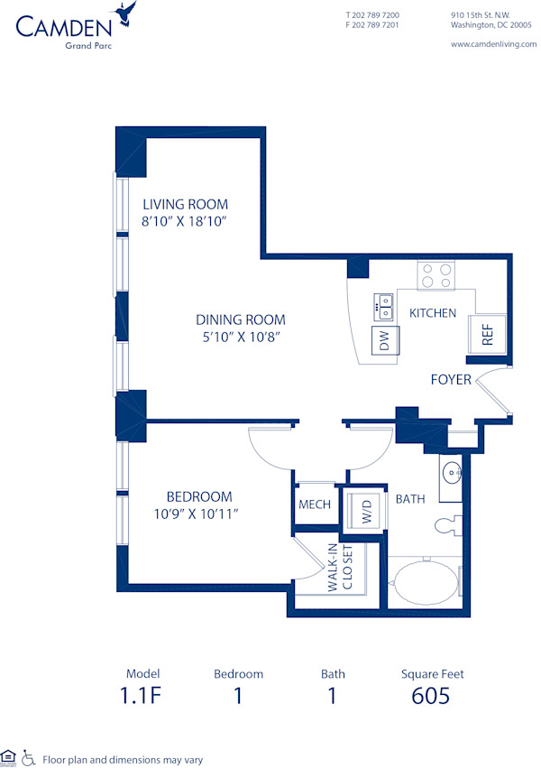 Blueprint of 1.1F Floor Plan, 1 Bedroom and 1 Bathroom at Camden Grand Parc Apartments in Washington, DC