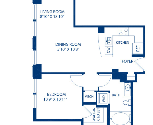 Blueprint of 1.1F Floor Plan, 1 Bedroom and 1 Bathroom at Camden Grand Parc Apartments in Washington, DC
