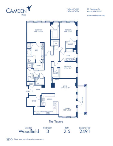 Blueprint of Woodfield Floor Plan, 3 Bedrooms and 2 Bathrooms at Camden Paces Apartments in Atlanta, GA