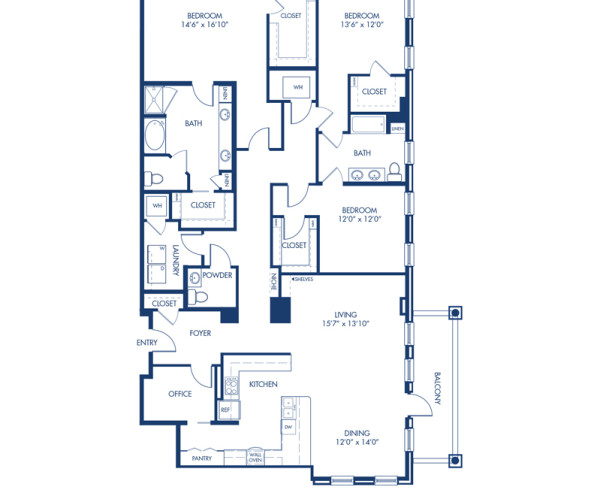 Blueprint of Woodfield Floor Plan, 3 Bedrooms and 2 Bathrooms at Camden Paces Apartments in Atlanta, GA