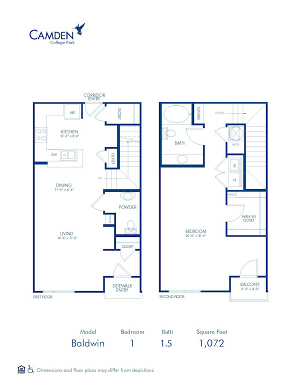 Blueprint of Baldwin Floor Plan, 1 Bedroom and 1.5 Bathrooms at Camden College Park Apartments in College Park, MD