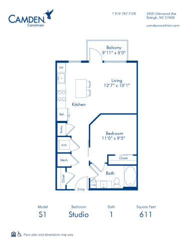 Camden Carolinian apartments in Raleigh, North Carolina studio floor plan S1