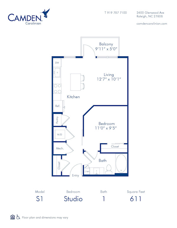 Camden Carolinian apartments in Raleigh, North Carolina studio floor plan S1
