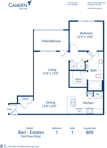 Blueprint of Bari Estates Floor Plan, 1 Bedroom and 1 Bathroom at Camden Riverwalk Apartments in Grapevine, TX