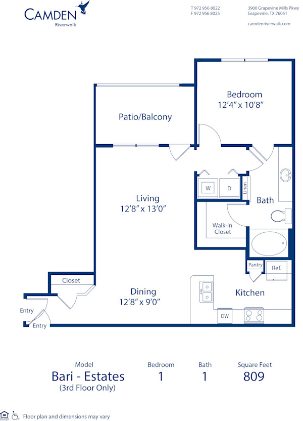 Blueprint of Bari Estates Floor Plan, 1 Bedroom and 1 Bathroom at Camden Riverwalk Apartments in Grapevine, TX