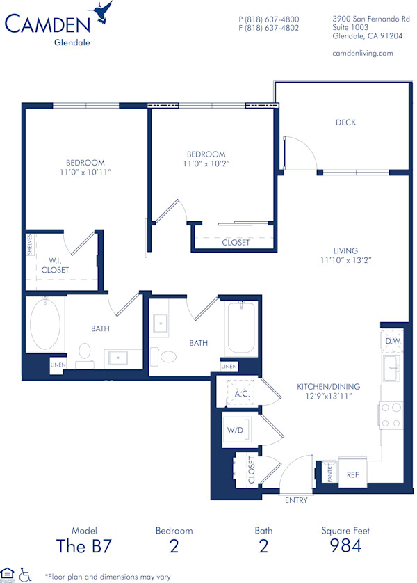 Blueprint of B7 Floor Plan, 2 Bedrooms and 2 Bathrooms at Camden Glendale Apartments in Glendale, CA
