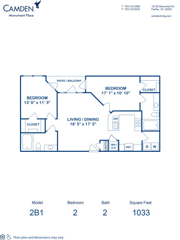 Blueprint of 2B1 Floor Plan, 2 Bedrooms and 2 Bathrooms at Camden Monument Place Apartments in Fairfax, VA