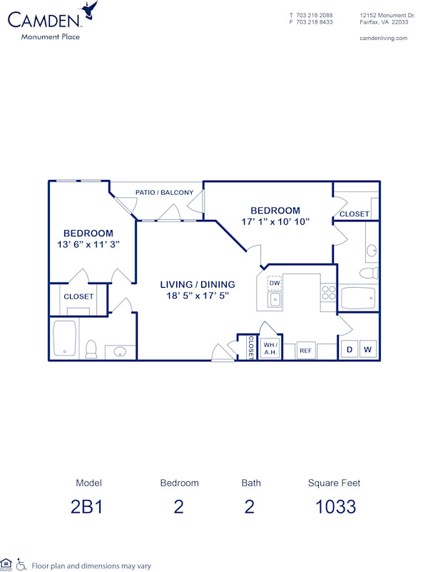 Blueprint of 2B1 Floor Plan, 2 Bedrooms and 2 Bathrooms at Camden Monument Place Apartments in Fairfax, VA