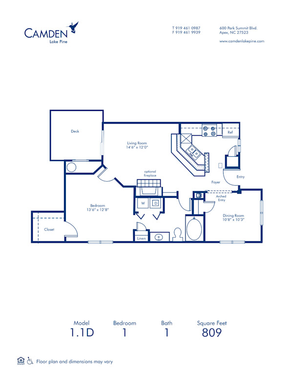 Blueprint of 1.1D Floor Plan, 1 Bedroom and 1 Bathroom at Camden Lake Pine Apartments in Apex, NC