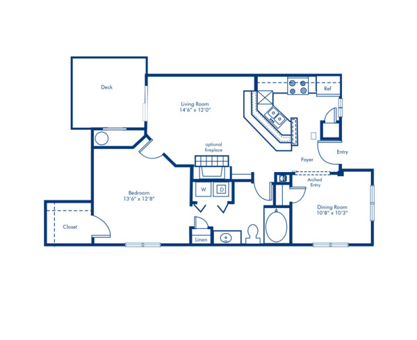 Blueprint of 1.1D Floor Plan, 1 Bedroom and 1 Bathroom at Camden Lake Pine Apartments in Apex, NC