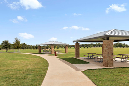 Onion Creek Metro Park pavilions near Camden Shadow Brook apartments in Austin, TX