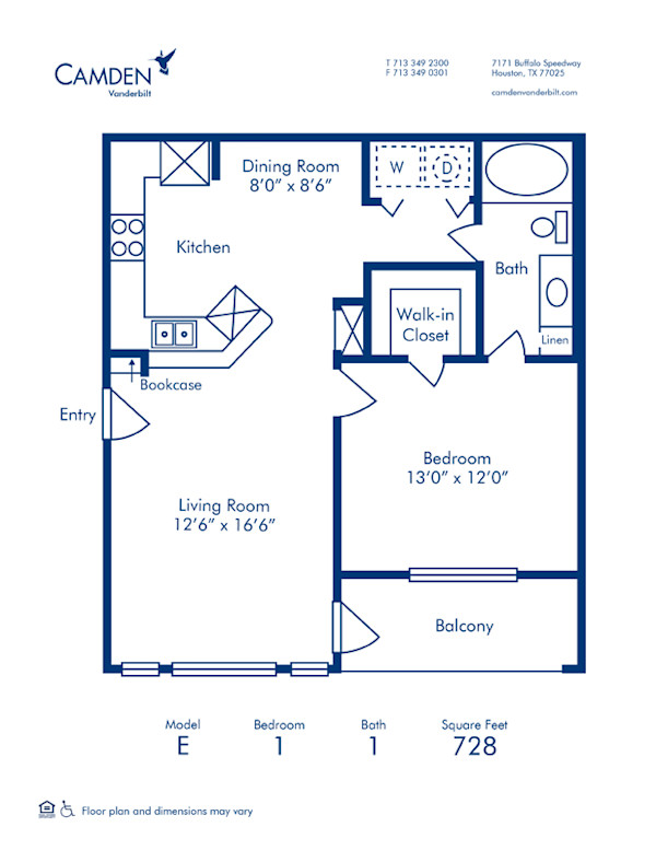 Blueprint of E Floor Plan, 1 Bedroom and 1 Bathroom at Camden Vanderbilt Apartments in Houston, TX