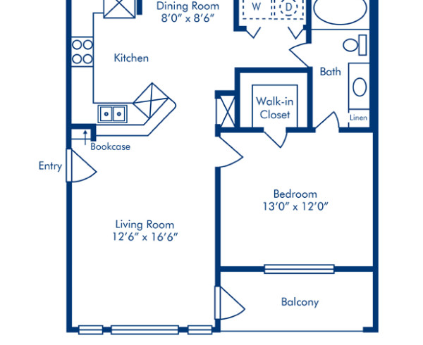 Blueprint of E Floor Plan, 1 Bedroom and 1 Bathroom at Camden Vanderbilt Apartments in Houston, TX